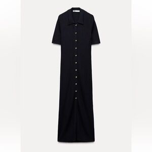Zara Navy Button-Front Collar Midi Dress with Gold Buttons Sz M